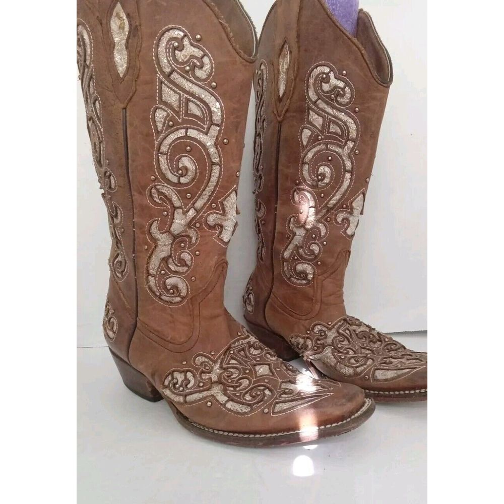 Western Cowgirl Boots Brown Leather Embroidered Floral Design Square Toe - Picture 2 of 7